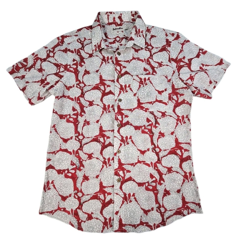 Fabindia Slim Fit Floral Hand Block Print Shirt Men's XS Red White Cotton India